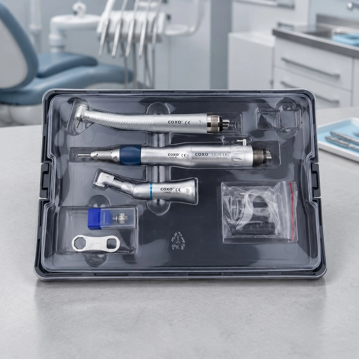 Набір наконечників COXO H01-1 KIT-SP4 (Турбінка, кутовий, прямий, пневмомотор) — Набори наконечників